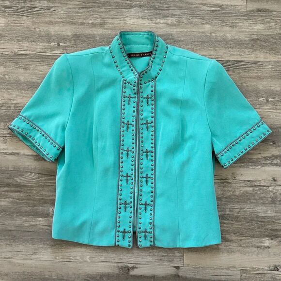 Vintage Double D Ranch Western Studded Cross Turquoise Jacket Size Large - Picture 1 of 6
